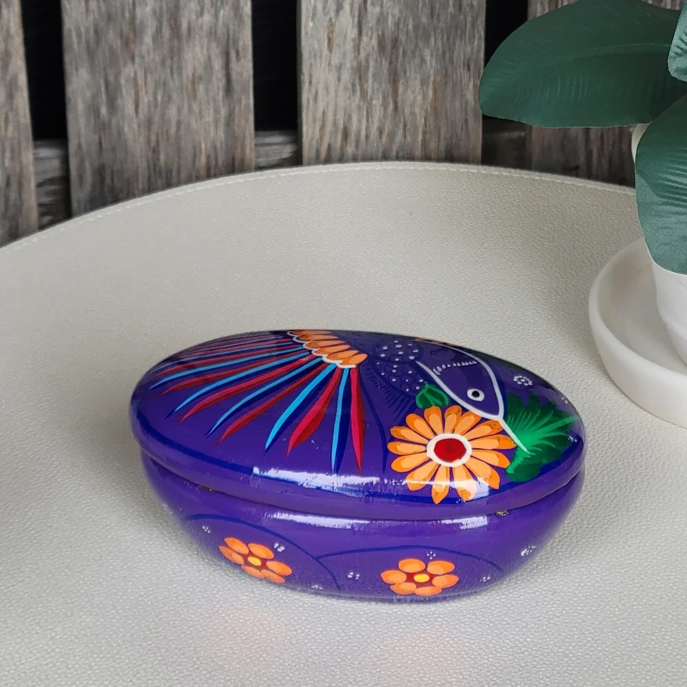 Mexican Folk Art Hand-Painted Oval Trinket Box Purple Bird